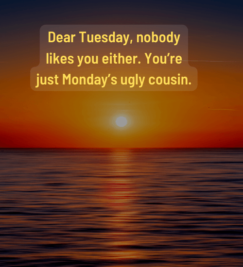 Dear Tuesday, nobody likes you either. You’re just Monday’s ugly cousin.
